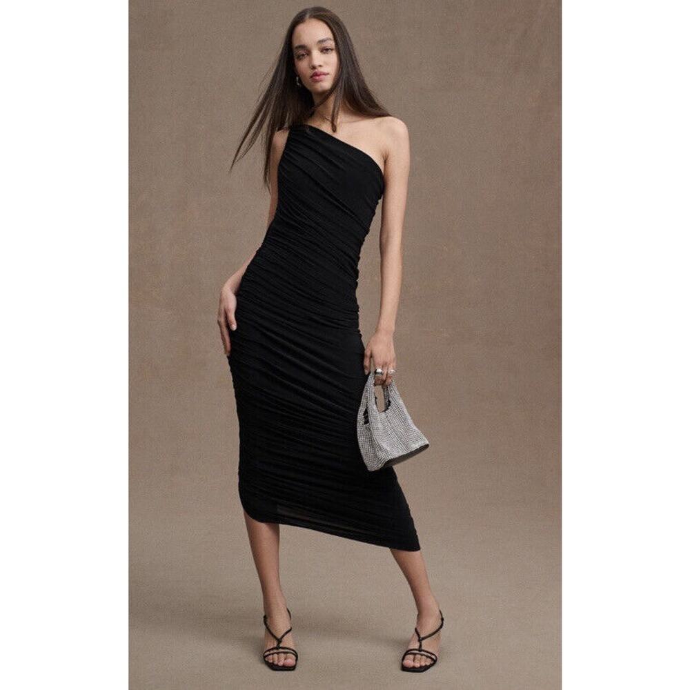 Anthropologie One-Shoulder Ruched Black Midi Dress